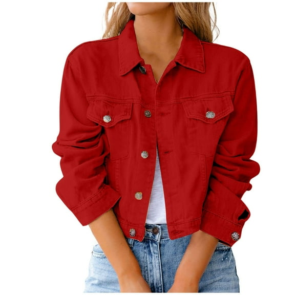 Women's Vintage Lapel Button-Down Long Sleeve Cropped Distressed Denim Jacket – Casual Lightweight Candy Color Plus Size Jean Blazer with Pocket