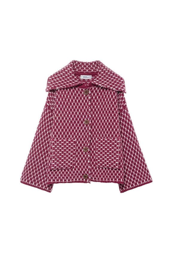 Women's Vintage Lapel Cardigans Button Down Fashion Plaid Chunky Knit Jackets Loose Long Sleeve Shackets Coat with Pockets (L, Hot Pink)