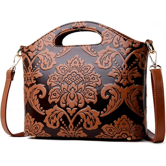 Women's Vintage Leather Handbags Embossed Floral Purses Top Handle Shoulder Tote Bags Classic Domed Zip Satchel Handbag