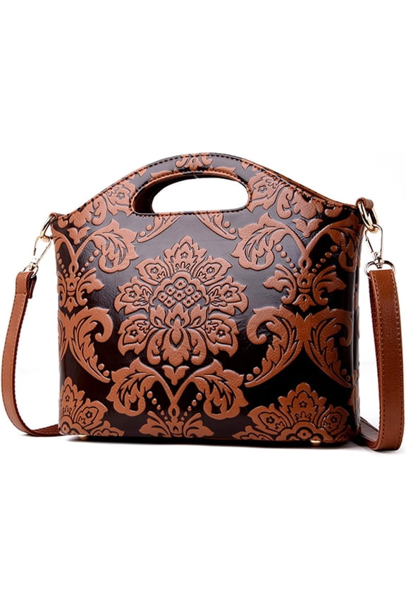Women's Vintage Leather Handbags Embossed Floral Purses Top Handle Shoulder Tote Bags Classic Domed Zip Satchel Handbag