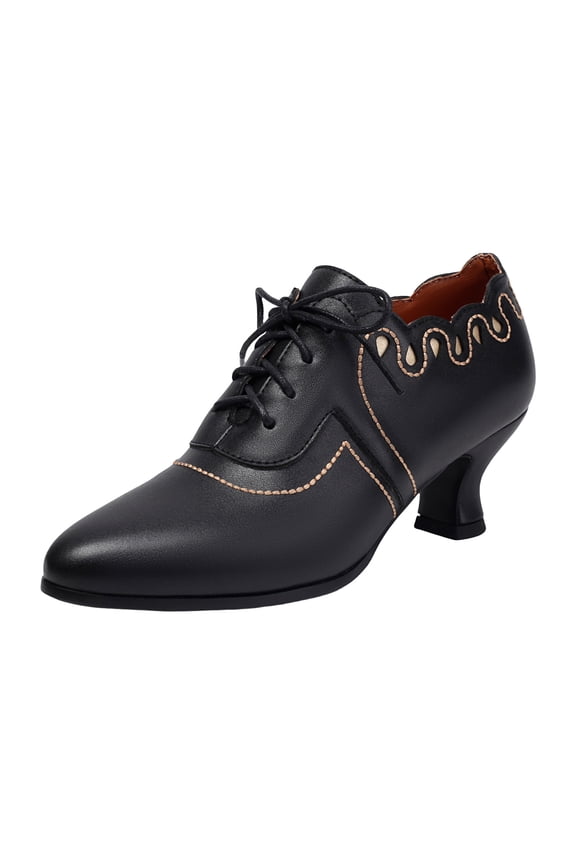 Women's Vintage Leather Wingtip Comfortable Lace Up Shoes For Walking And Work 2 Inch French Heel And Pointed Toe