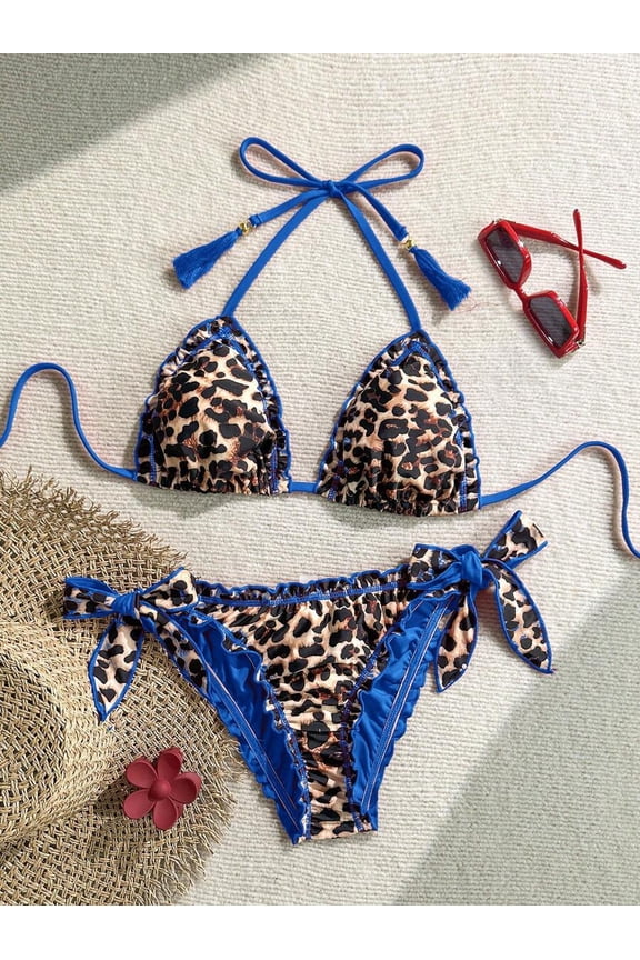 Women's Vintage Leopard Print Frill Tie Neck Tassel Bikini Set - Red Trim Beach Swimwear