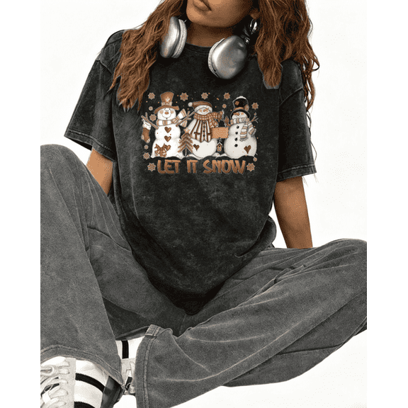 Women's Vintage Let It Snow Snowman Graphic Oversized Washed T-Shirt Black S-2XL Plus Size