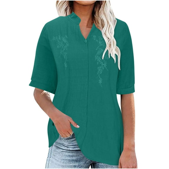 Women's Vintage Linen Blend Tops Short Sleeve V Neck Buttons T Shirt Solid Color Casual Blouses Green,S