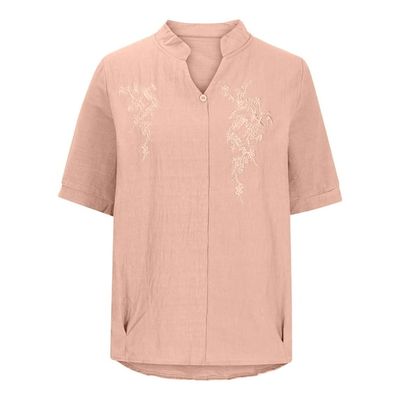 Women's Vintage Linen Blend Tops Short Sleeve V Neck Buttons T Shirt Solid Color Casual Blouses Pink,S