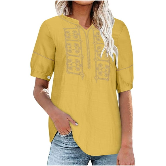 Women's Vintage Linen Blend Tops Short Sleeve V Neck Buttons T Shirt Solid Color Casual Blouses Yellow,XL