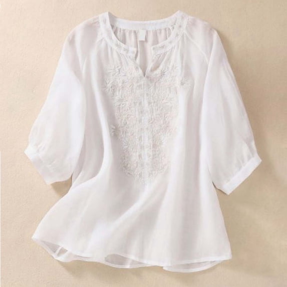 Women's Vintage Linen Cotton Embroidered Shirt V Neck Simplicity Solid Color ¾ Sleeve Top