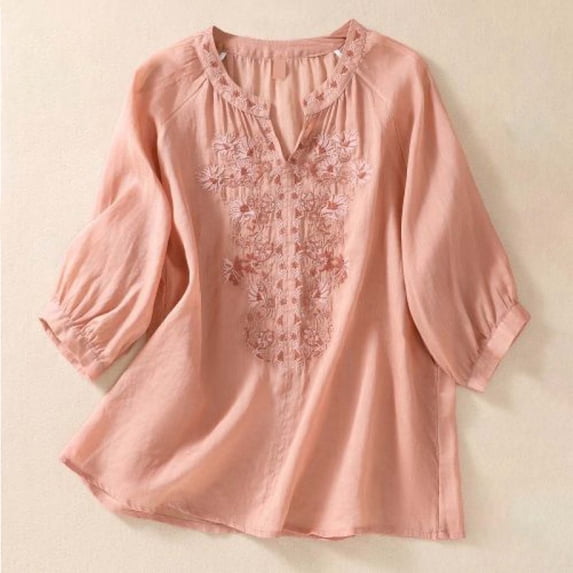 Women's Vintage Linen Cotton Embroidered Shirt V Neck Simplicity Solid Color ¾ Sleeve Top