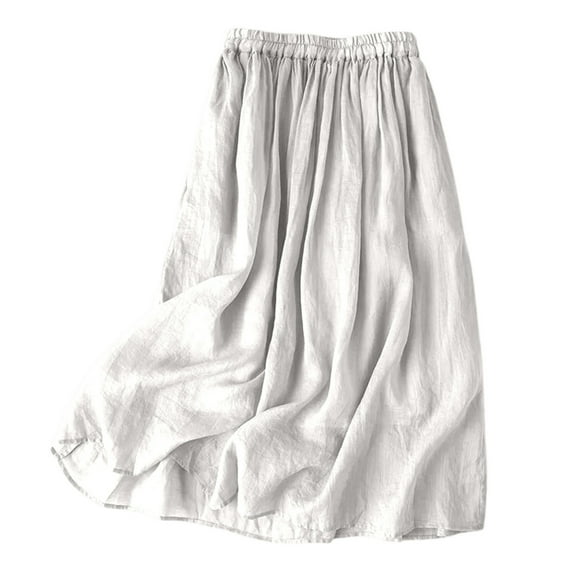 Women's Vintage Linen Midi Skirt - Elastic Waist Solid Color Summer Skirt, Polyester, M-XXL Sizes