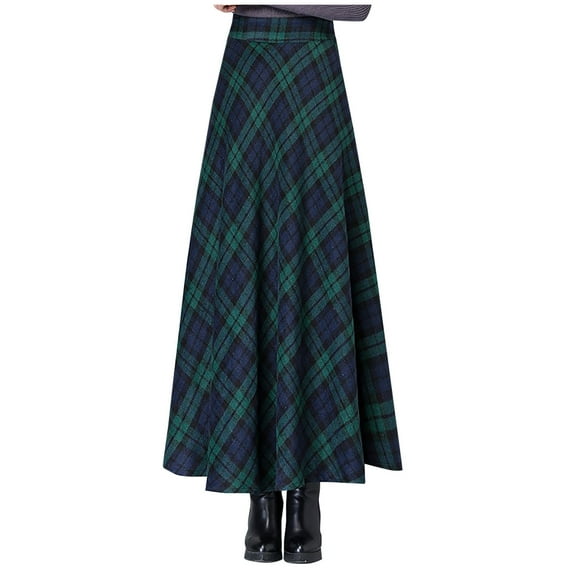 Women's Vintage Long Skirts Plaid High Waisted Fall Winter Skirt Casual Flare A-Line Swing Maxi Skirts with Pockets S-2XL