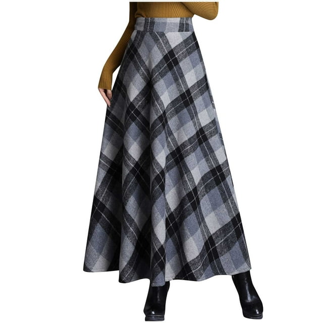 Women's Vintage Long Skirts Plaid High Waisted Fall Winter Skirt Casual ...