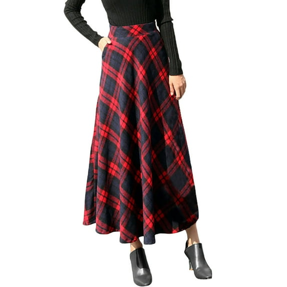 Women's Vintage Long Skirts Plaid Thickening High Waisted Fall Winter Skirt Casual Flare A-Line Swing Maxi Skirts with Pockets