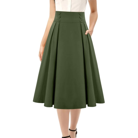 Women's Vintage Long Skirts Solid Color Elegant Elastic Waist Pleated A-Line Casual High Waist Midi Skirt Plus Size