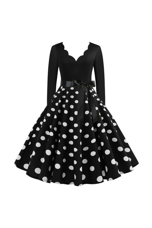 Women's Vintage Long Sleeve Dress Elegant V Neck A-line Cocktail Dress Fashionable Bow Tie Ruffle Swing Flare Dress