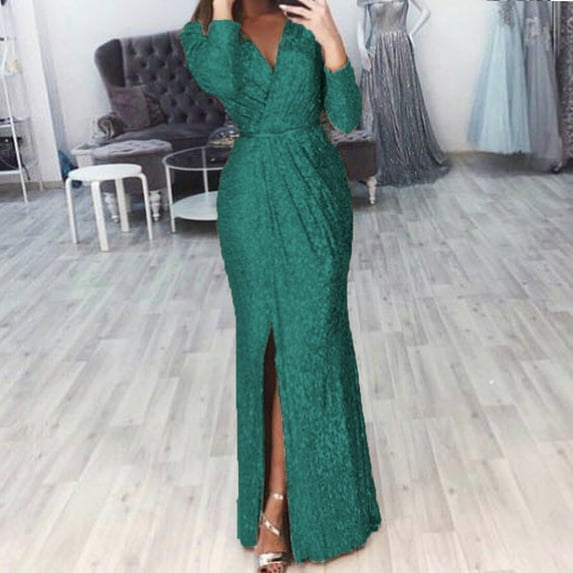 Women's Vintage Long Sleeve Dress Sequin Party Ruched Bodycon Work Maxi Pencil Dress