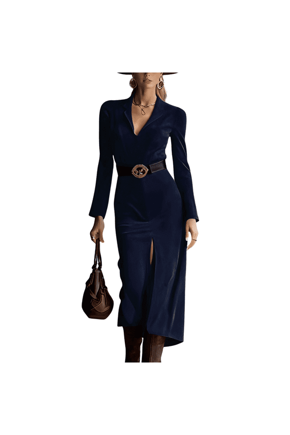 Women's Vintage Long Sleeve V Neck Patchwork Maxi Dress Chic Simple Solid Slim Fashion Party Dress For Autumn Winter Streetwear Statement Holiday Dress Women