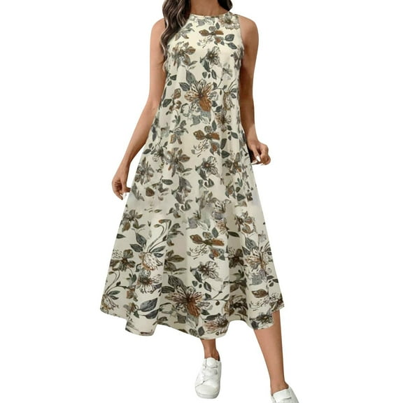 Women's Vintage Loose Print Crew Neck Pocket Sleeveless Dress