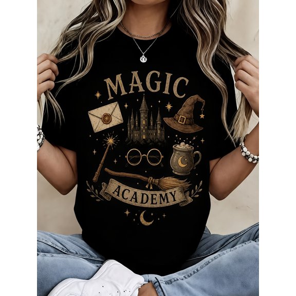 Women's Vintage Magic Academy Print Short Sleeve Graphic T-Shirt for Daily Casual Street Wear