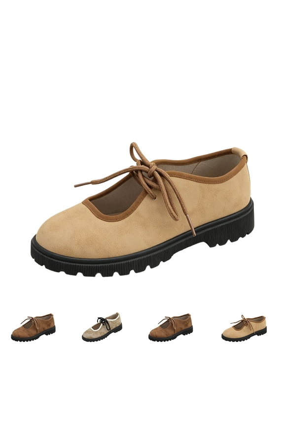 Women's Vintage Mary Jane Platform Shoes Round Toe Front Lace Up Contrast Trim Faux Suede Lug Low Block Sole Casual Retro Fisherman Flats Daily Walking Footwear