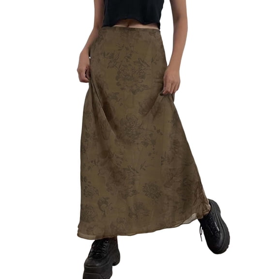 Women's Vintage Maxi Skirts Floral Print Mesh Panel Slim Fit Low Waist Casual Summer Brown Skirt L