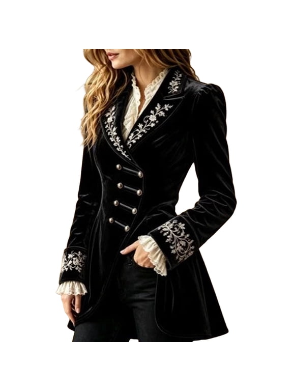 Women's Vintage Medieval Pirate Velvet Jacket Embroidery Renaissance Gothic Steampunk Tailcoat Victorian Frock Coat Black 2XL