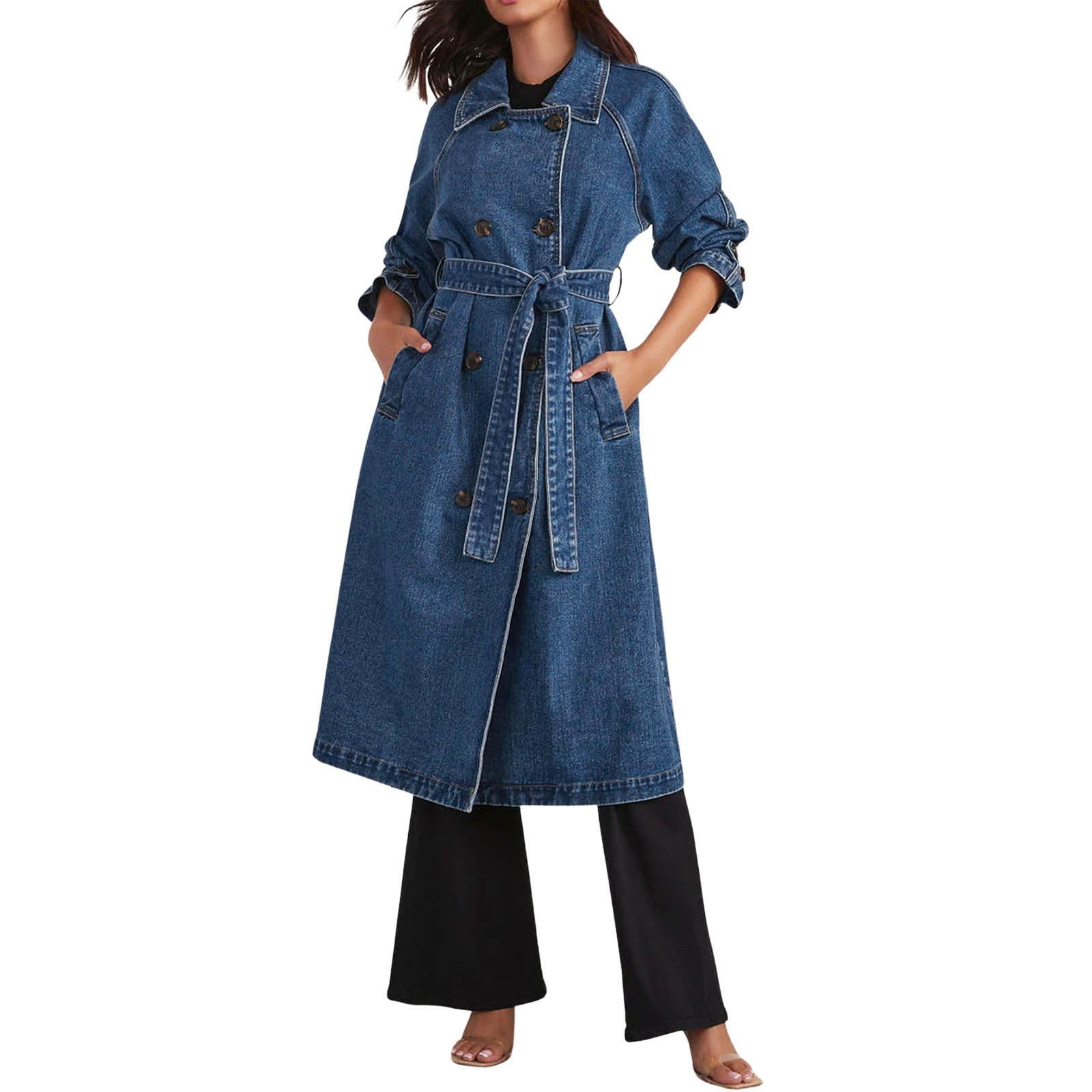 Women's Vintage Midi Long Jean Jacket Loose Fit Double Denim Jacket Trench  Coat With Belt - Walmart.com