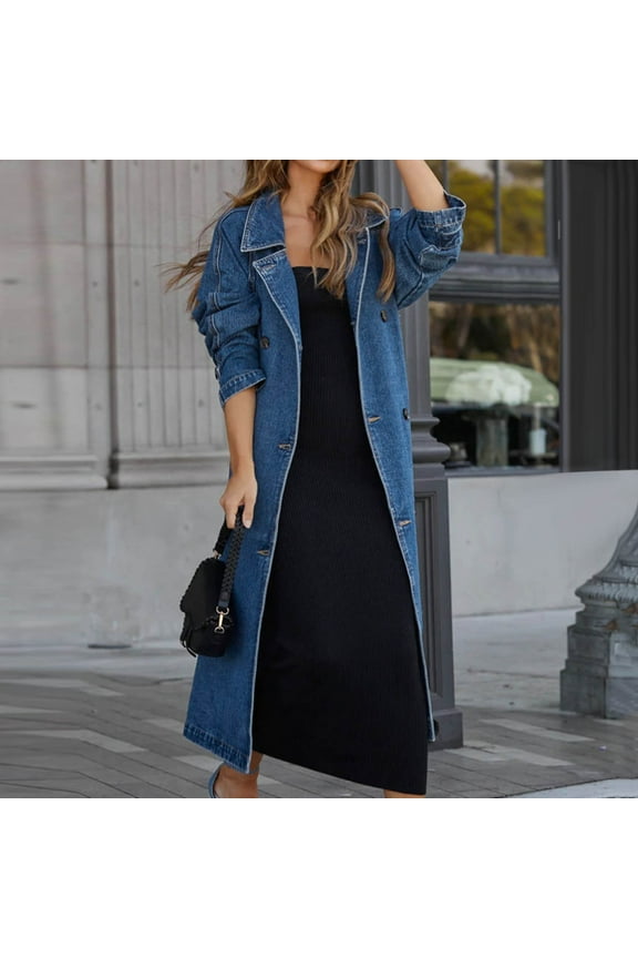 Women's Vintage Midi Long Jean Jacket Loose Fit Jacket Trench Coat With Belt Raincoat Womens Waist Length Jacket for Women Long Puffy Jacket Rain Jacket Women Cute Women Windbreaker Womens Thin Jacket