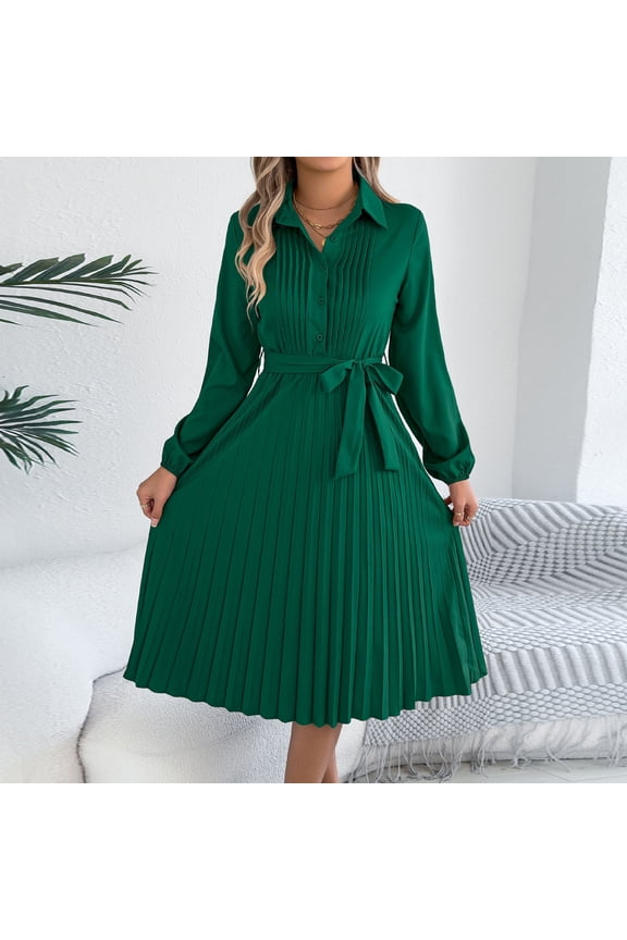 Women's Vintage Midi Pleated Dress Long Sleeve Button Down Shirt Dress Lapel Neck Tie Waist A-Line Swing Dress for Office Business Professional Party Formal Events