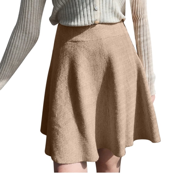 Women’s Vintage Mini Skirt Winter High Waist Pleated A-Line Flared Skirt Solid Color Elastic Soft Knitted Short Skirt