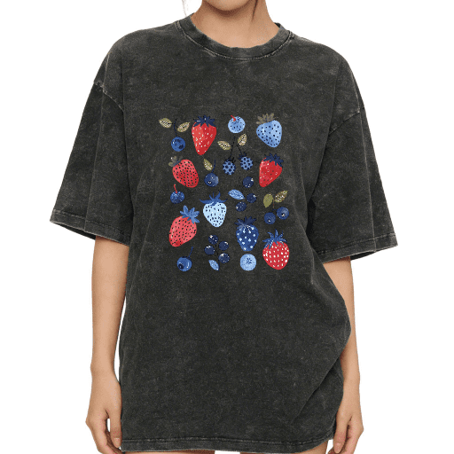 Women's Vintage Mixed Berry Strawberry & Blueberry Graphic Casual Crew Neck Washed T Shirt Black S-2XL Plus Size