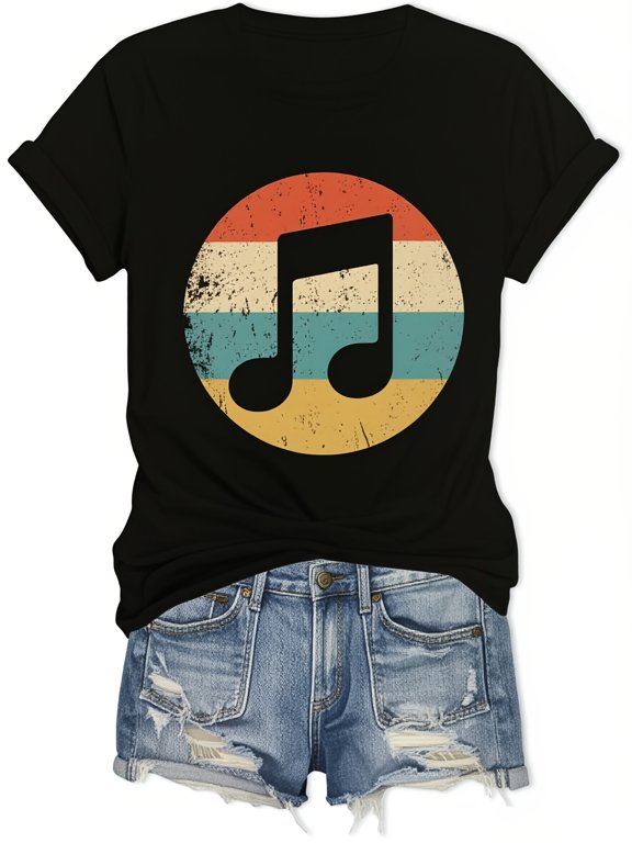 Women's Vintage Music Note Graphic T-Shirt Retro Sunset Distressed Print Short Sleeve Casual Tee