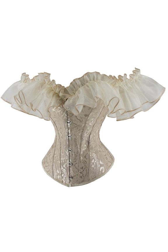 Women's Vintage Off-Shoulder Lace-Up Corset Top with Ruffled Sleeves Elegant Floral Brocade Bustier