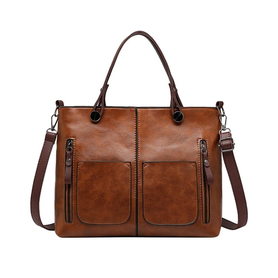 Women's Vintage Oil Wax Leather Tote Bag with Multiple Pockets and Removable Shoulder Strap for Work Commute and Shopping