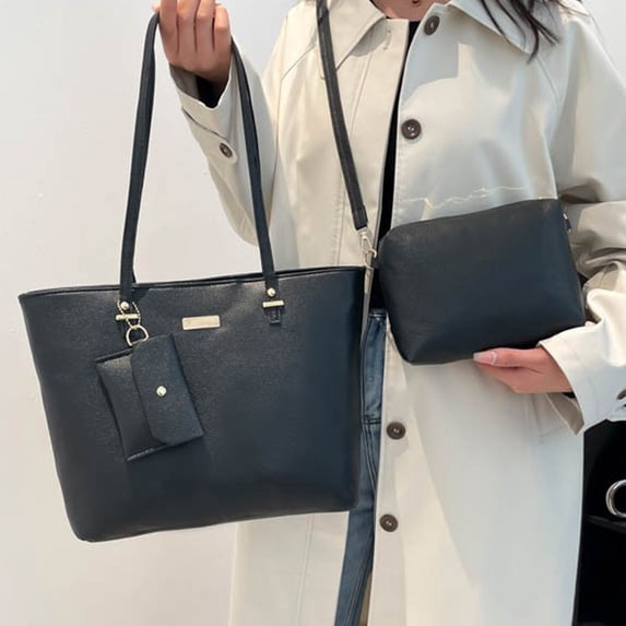 Women's Vintage PU Leather Handbag Set - 3-Piece Tote, Shoulder Purse & Card Wallet, Fashionable Work & Travel Bags with Gold Hardware, Large Capacity Zip Closure, Gift for Women