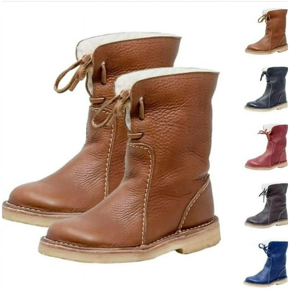 Women's Vintage PU Leather Snow Boots, Waterproof Warm Lining Mid-Calf Boots for Winter, Comfortable Retro Style Boots for Women