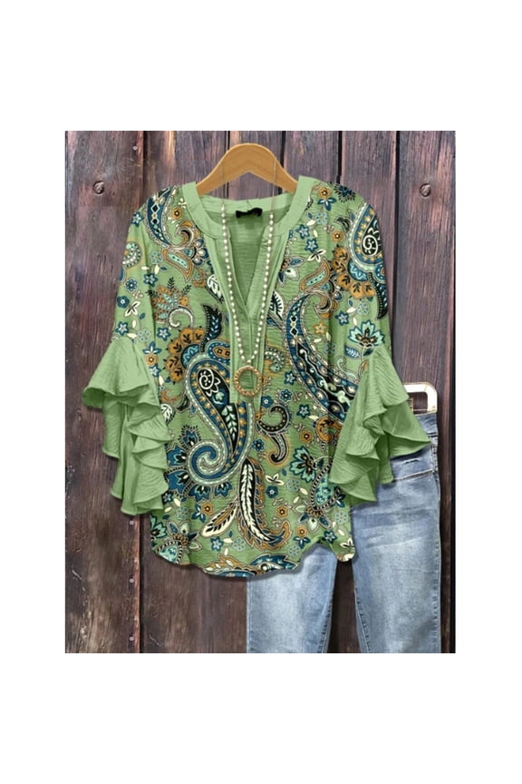 Women's Vintage Paisley Print Ruffle Sleeve Blouse - V-Neck Button-Down Shirt With Ruffled Hem And Neckline, Three-Quarter Sleeves, Non-Stretch Top, Suitable For Spring, Summer, And Autumn