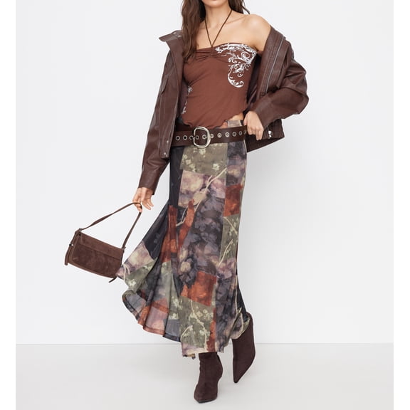 Women's Patchwork Floral Mesh Midi Skirt, Vintage Oil Painting Print Asymmetrical Maxi Skirt for Y2K Casual Streetwear