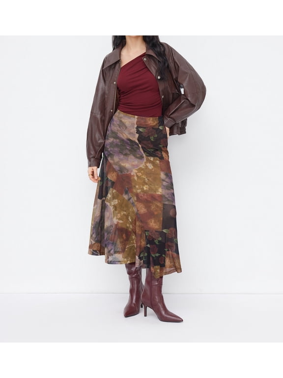 Women's Patchwork Floral Mesh Midi Skirt, Vintage Oil Painting Print Asymmetrical Maxi Skirt for Y2K Casual Streetwear