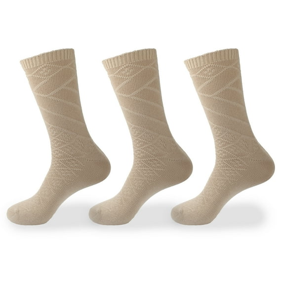Women's Vintage Pattern Style Cotton Casual Knitting Comfy Retro Warm Boot Crew Socks, 3 Pairs Beige