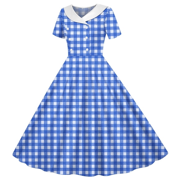 Women's Vintage Plaid Collar Short Sleeve A-Line Midi Dress