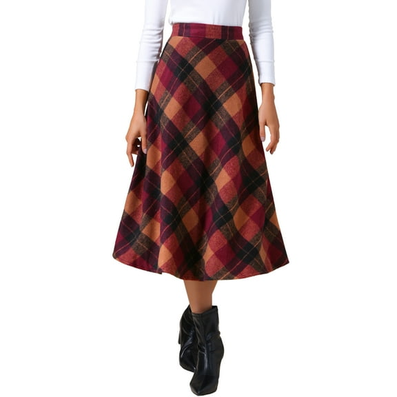INSPIRE CHIC Women's Vintage Plaid High Waist A-Line Long Maxi Skirt with Pockets 2XL Brown Red