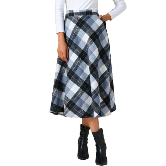 INSPIRE CHIC Women's Vintage Plaid High Waist A-Line Long Maxi Skirt with Pockets L Gray Blue