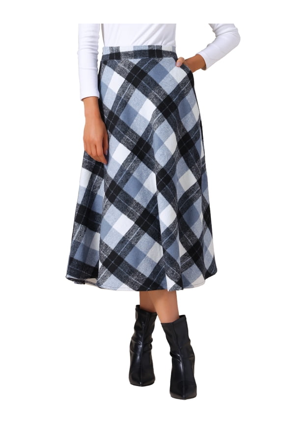 Women's Vintage Plaid High Waist A-Line Long Maxi Skirt with Pockets L Gray Blue
