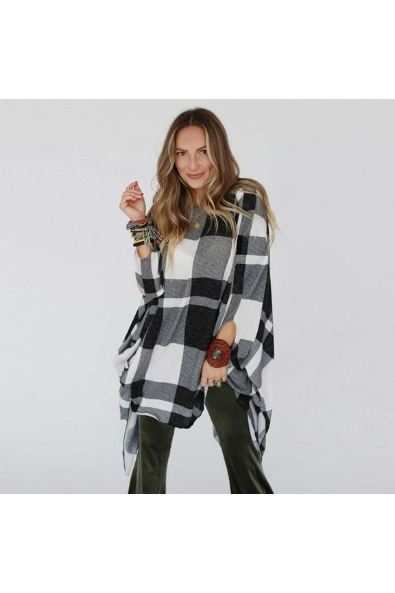 Women's Vintage Plaid Knitted Poncho Shawl Cape Tops Blouse Sweatshirt