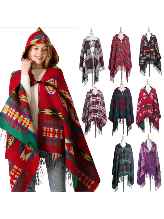 Women's Vintage Plaid Knitted Tassel Poncho Shawl Cape Button Cardigan