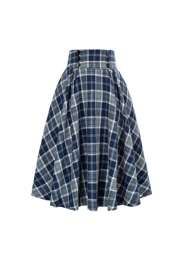 Women's Vintage Plaid Pleated Skirt High Waist A-Line Skirts Casual Pocket Midi Skirt