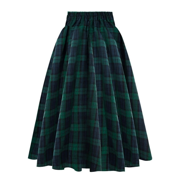 Women's Vintage Plaid Pleated Skirt High Waist A-Line Skirts Casual Pocket Midi Skirt