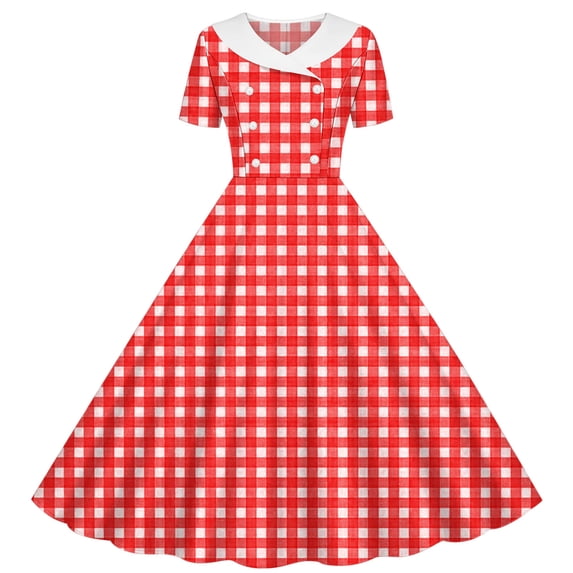 Women's Vintage Plaid Print Short Sleeve Dress Button Front Waist Definition A Line Flared Midi Dress Red