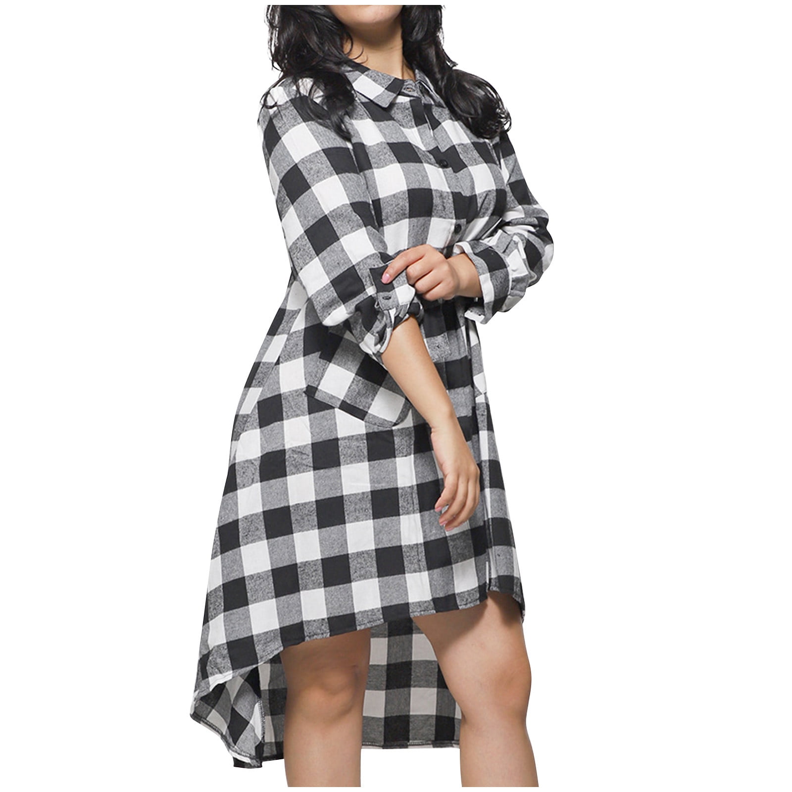 Women's Vintage Plaid Shirt Dress Long Sleeve Button Up Lapel V Neck High  Low Hem Trendy Oversized Casual Dresses Black,L - Walmart.com