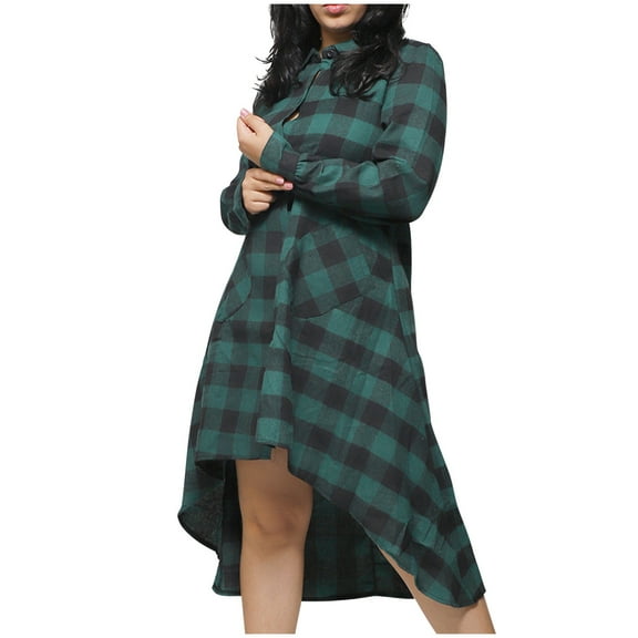 Women's Vintage Plaid Shirt Dress Long Sleeve Button Up Lapel V Neck High Low Hem Trendy Oversized Casual Dresses Green,2XL